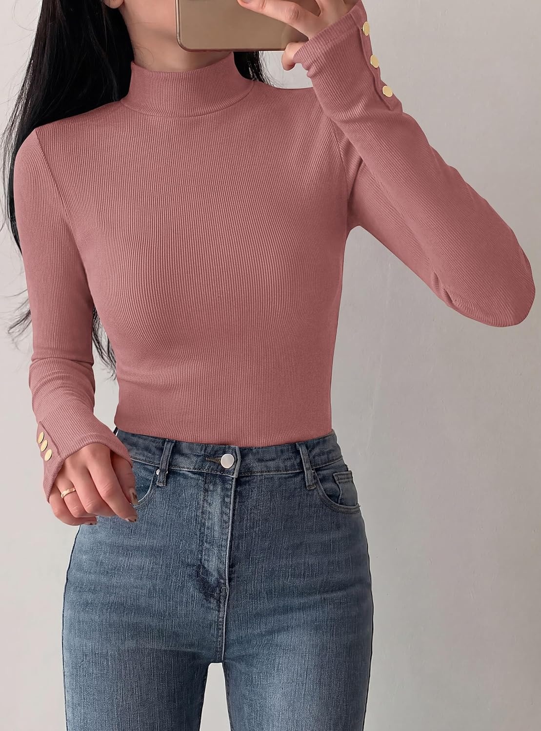 image:imagePRETTYGARDEN Womens Ribbed Mock Neck Long Sleeve Tops Slim Fitted TShirts Soft Stretch Decorative Buttons Going Out Work Casual Wear Fall Outfits Layering Winter ClothesPink