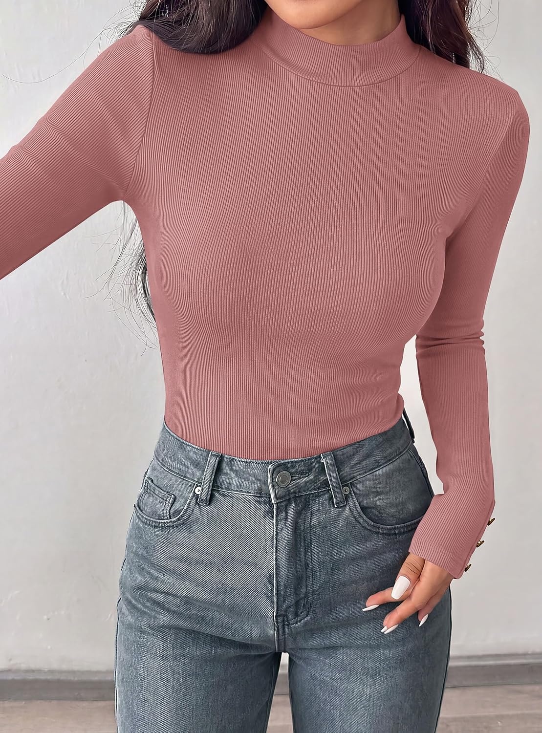 image:imagePRETTYGARDEN Womens Ribbed Mock Neck Long Sleeve Tops Slim Fitted TShirts Soft Stretch Decorative Buttons Going Out Work Casual Wear Fall Outfits Layering Winter ClothesPink