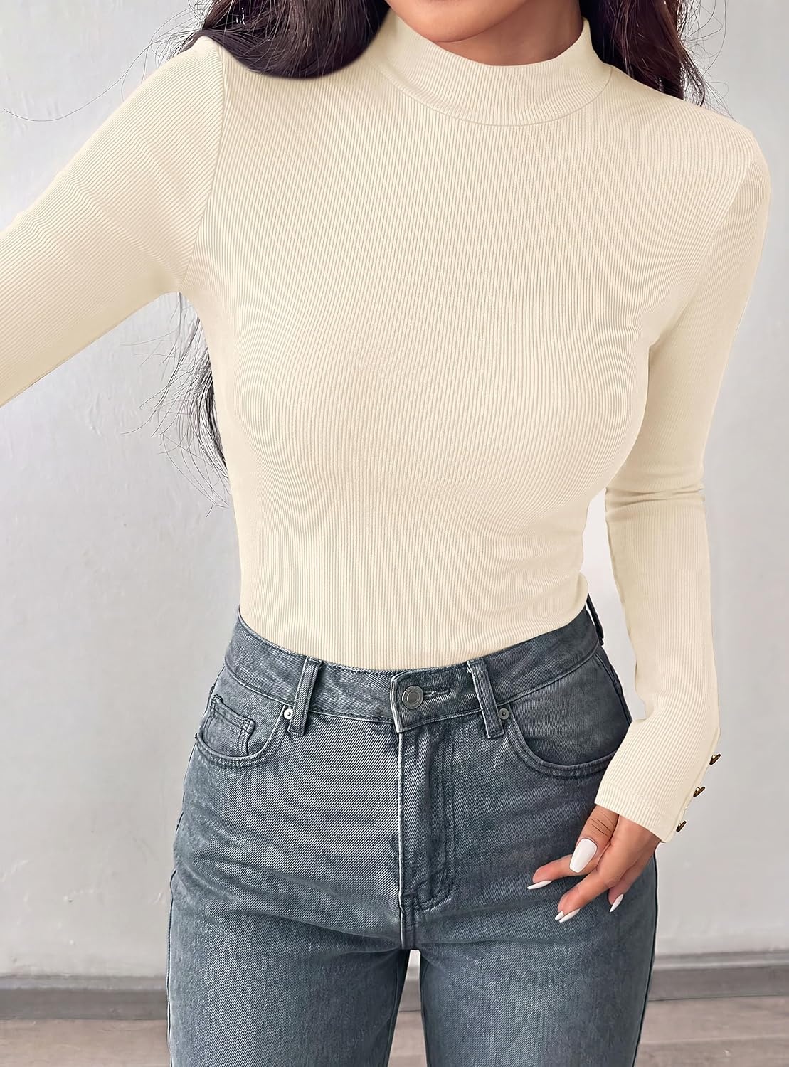 image:imagePRETTYGARDEN Womens Ribbed Mock Neck Long Sleeve Tops Slim Fitted TShirts Soft Stretch Decorative Buttons Going Out Work Casual Wear Fall Outfits Layering Winter ClothesBeige