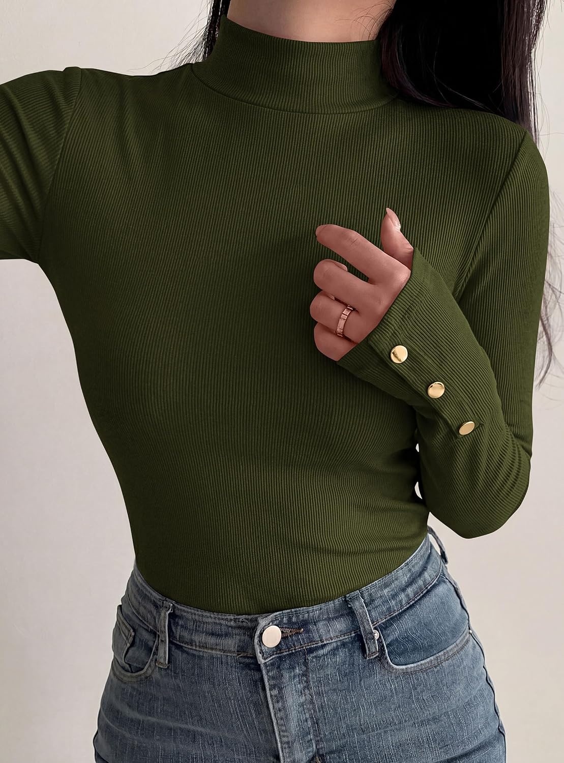 image:imagePRETTYGARDEN Womens Ribbed Mock Neck Long Sleeve Tops Slim Fitted TShirts Soft Stretch Decorative Buttons Going Out Work Casual Wear Fall Outfits Layering Winter ClothesArmy Green