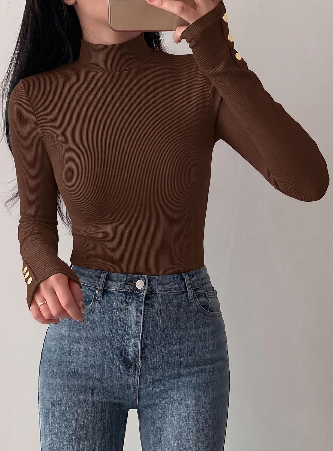 image:imagePRETTYGARDEN Womens Ribbed Mock Neck Long Sleeve Tops Slim Fitted TShirts Soft Stretch Decorative Buttons Going Out Work Casual Wear Fall Outfits Layering Winter ClothesBrown