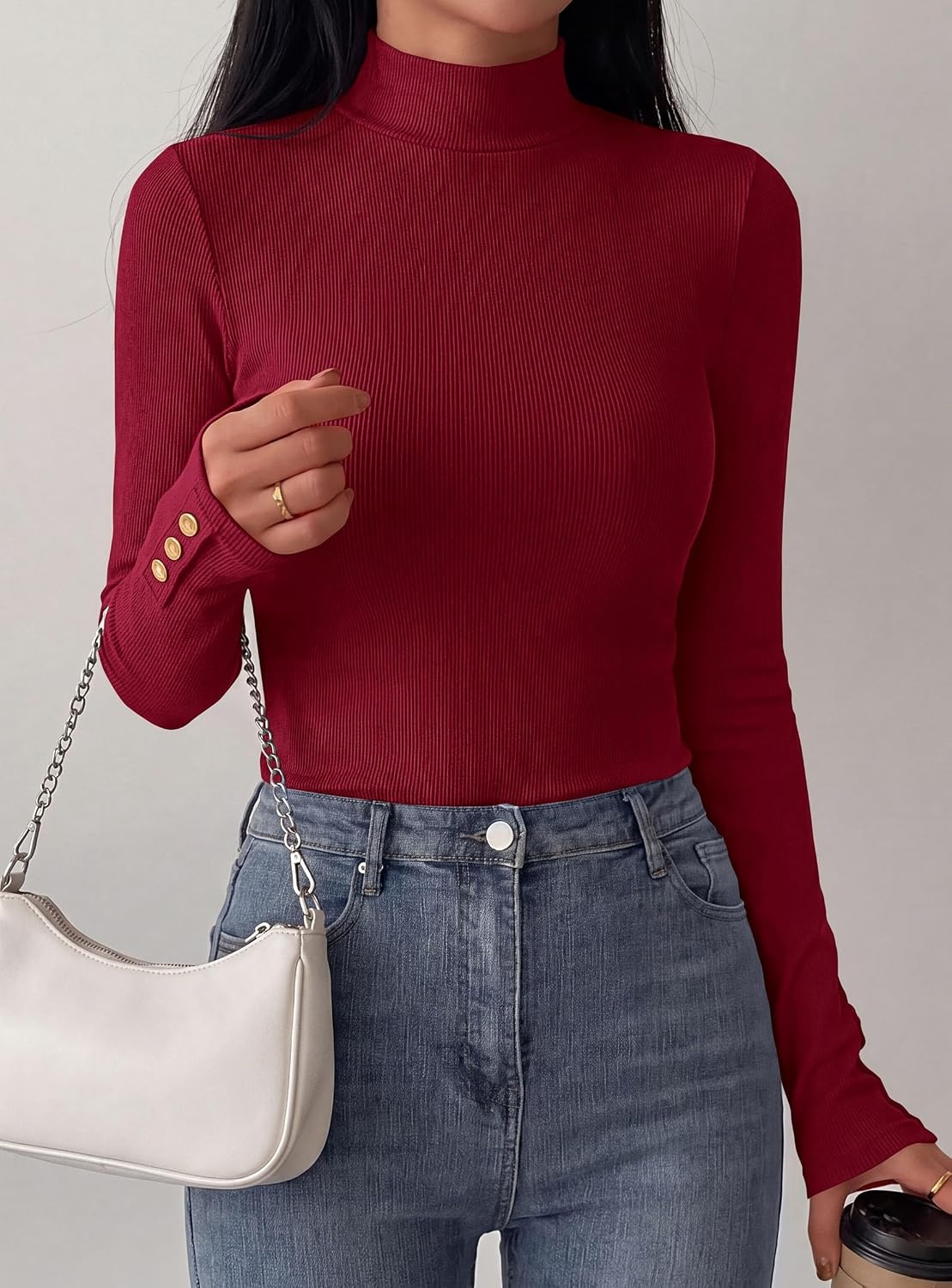 image:imagePRETTYGARDEN Womens Ribbed Mock Neck Long Sleeve Tops Slim Fitted TShirts Soft Stretch Decorative Buttons Going Out Work Casual Wear Fall Outfits Layering Winter ClothesBurgundy