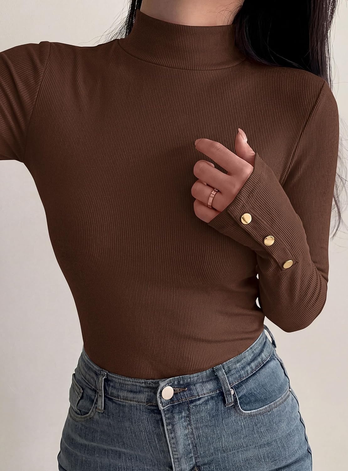 image:imagePRETTYGARDEN Womens Ribbed Mock Neck Long Sleeve Tops Slim Fitted TShirts Soft Stretch Decorative Buttons Going Out Work Casual Wear Fall Outfits Layering Winter ClothesBrown