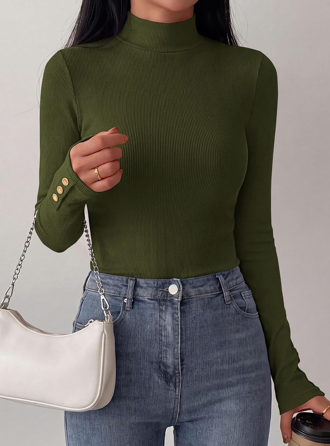 image:imagePRETTYGARDEN Womens Ribbed Mock Neck Long Sleeve Tops Slim Fitted TShirts Soft Stretch Decorative Buttons Going Out Work Casual Wear Fall Outfits Layering Winter ClothesArmy Green