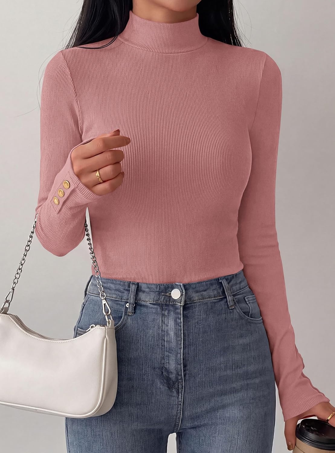 image:imagePRETTYGARDEN Womens Ribbed Mock Neck Long Sleeve Tops Slim Fitted TShirts Soft Stretch Decorative Buttons Going Out Work Casual Wear Fall Outfits Layering Winter ClothesPink