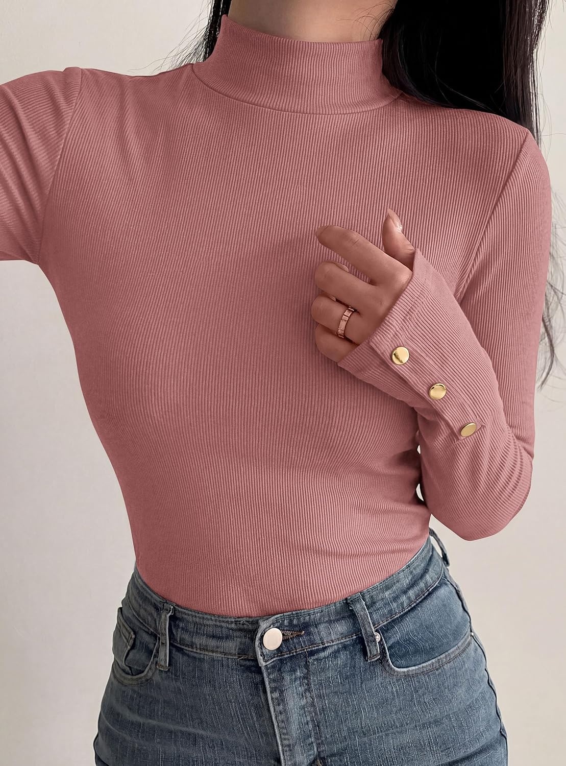 image:imagePRETTYGARDEN Womens Ribbed Mock Neck Long Sleeve Tops Slim Fitted TShirts Soft Stretch Decorative Buttons Going Out Work Casual Wear Fall Outfits Layering Winter ClothesPink