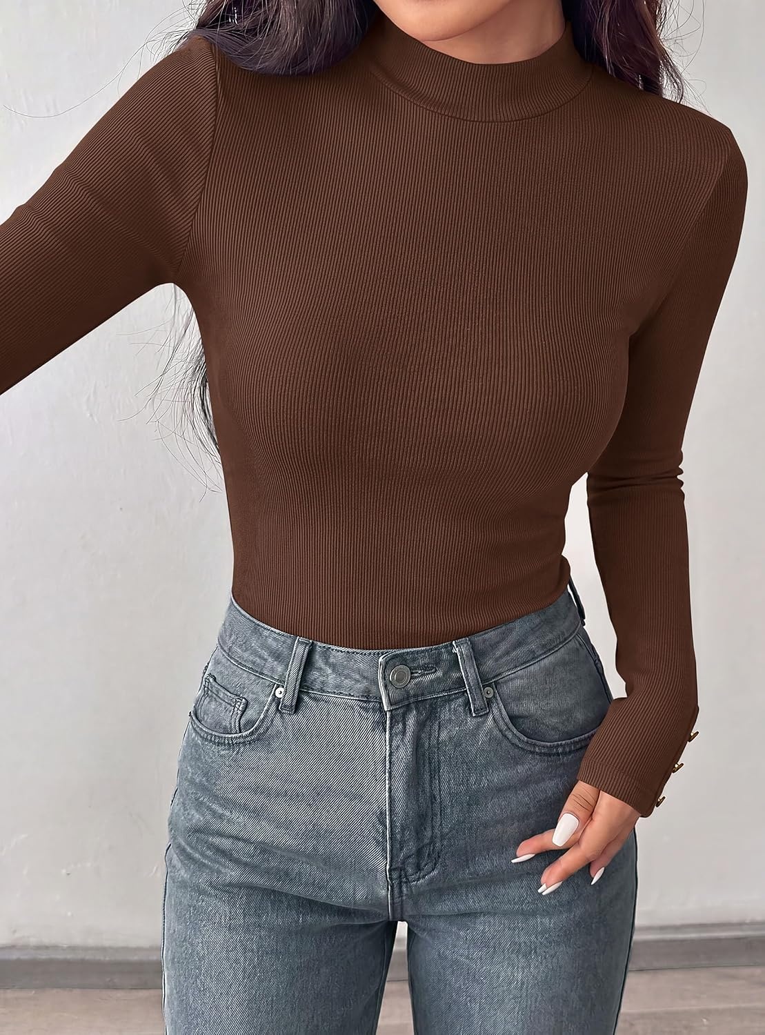image:imagePRETTYGARDEN Womens Ribbed Mock Neck Long Sleeve Tops Slim Fitted TShirts Soft Stretch Decorative Buttons Going Out Work Casual Wear Fall Outfits Layering Winter ClothesBrown
