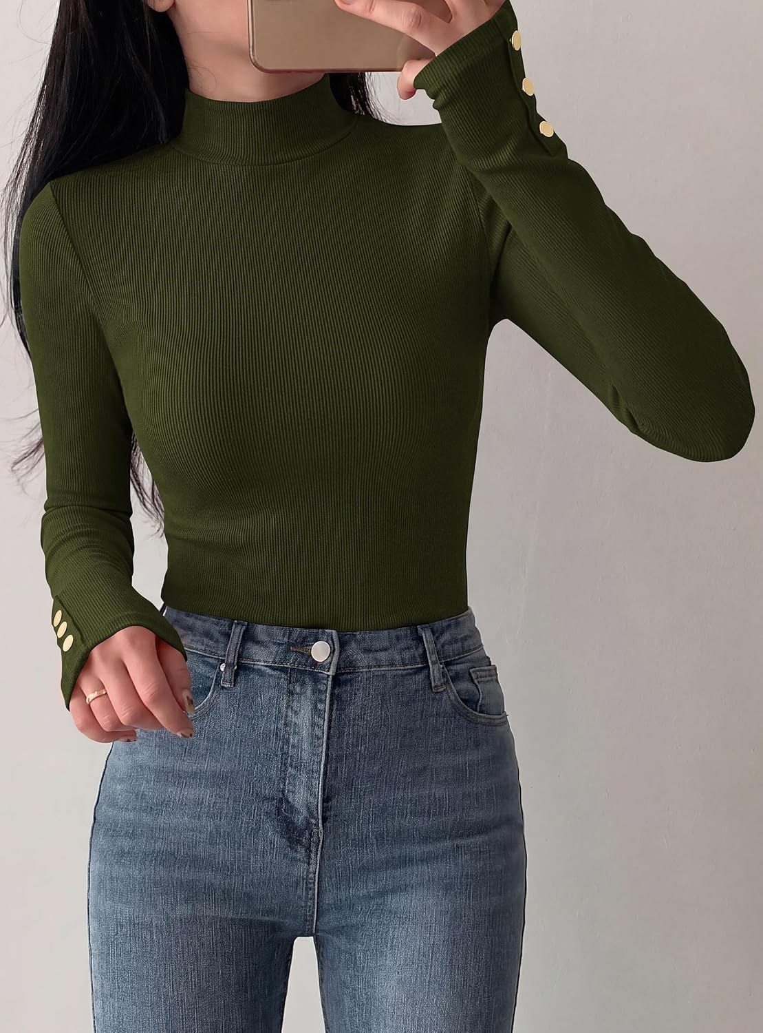 image:imagePRETTYGARDEN Womens Ribbed Mock Neck Long Sleeve Tops Slim Fitted TShirts Soft Stretch Decorative Buttons Going Out Work Casual Wear Fall Outfits Layering Winter ClothesArmy Green