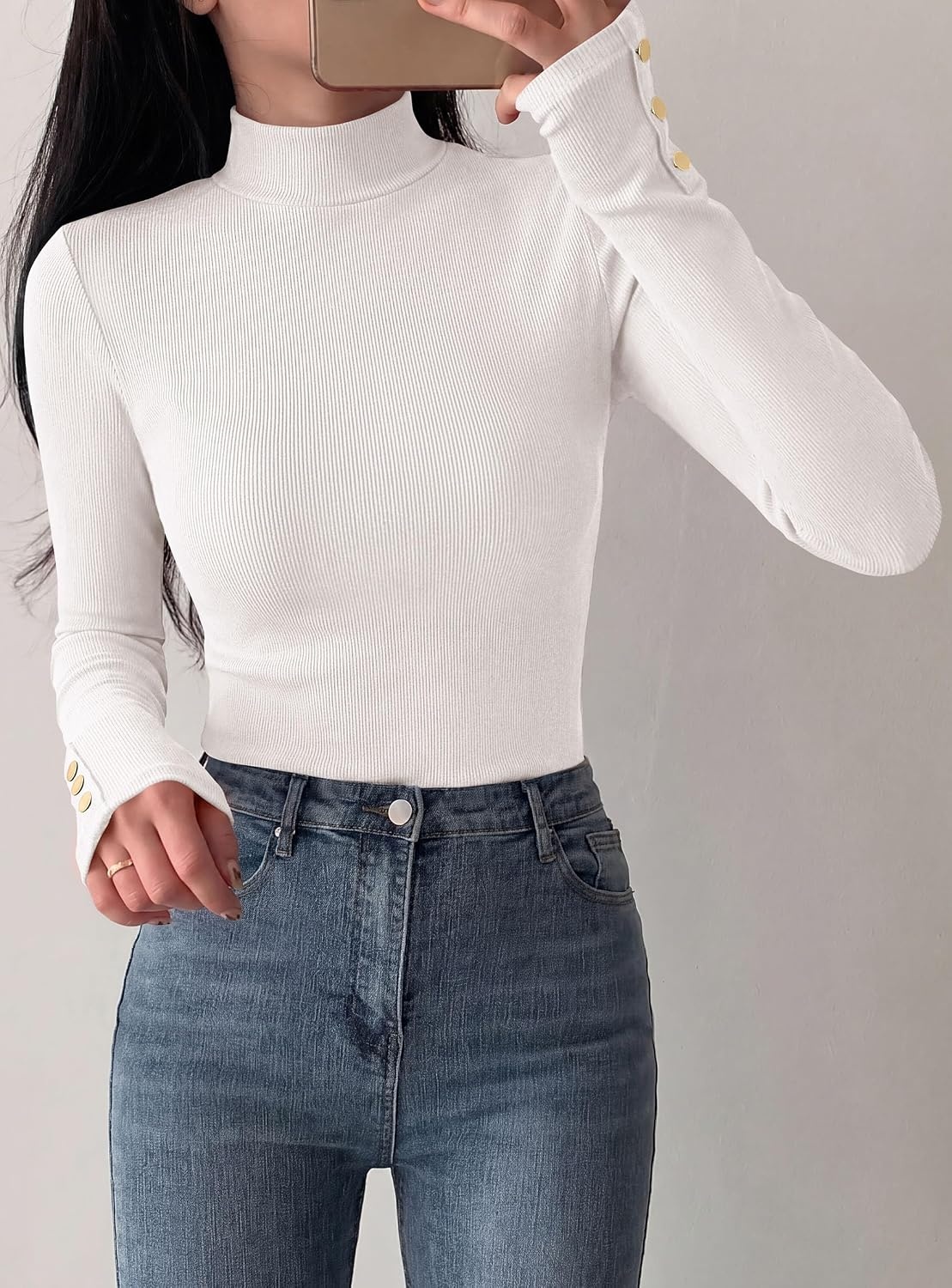 image:imagePRETTYGARDEN Womens Ribbed Mock Neck Long Sleeve Tops Slim Fitted TShirts Soft Stretch Decorative Buttons Going Out Work Casual Wear Fall Outfits Layering Winter ClothesWhite