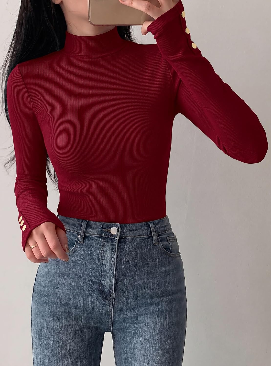 image:imagePRETTYGARDEN Womens Ribbed Mock Neck Long Sleeve Tops Slim Fitted TShirts Soft Stretch Decorative Buttons Going Out Work Casual Wear Fall Outfits Layering Winter ClothesBurgundy