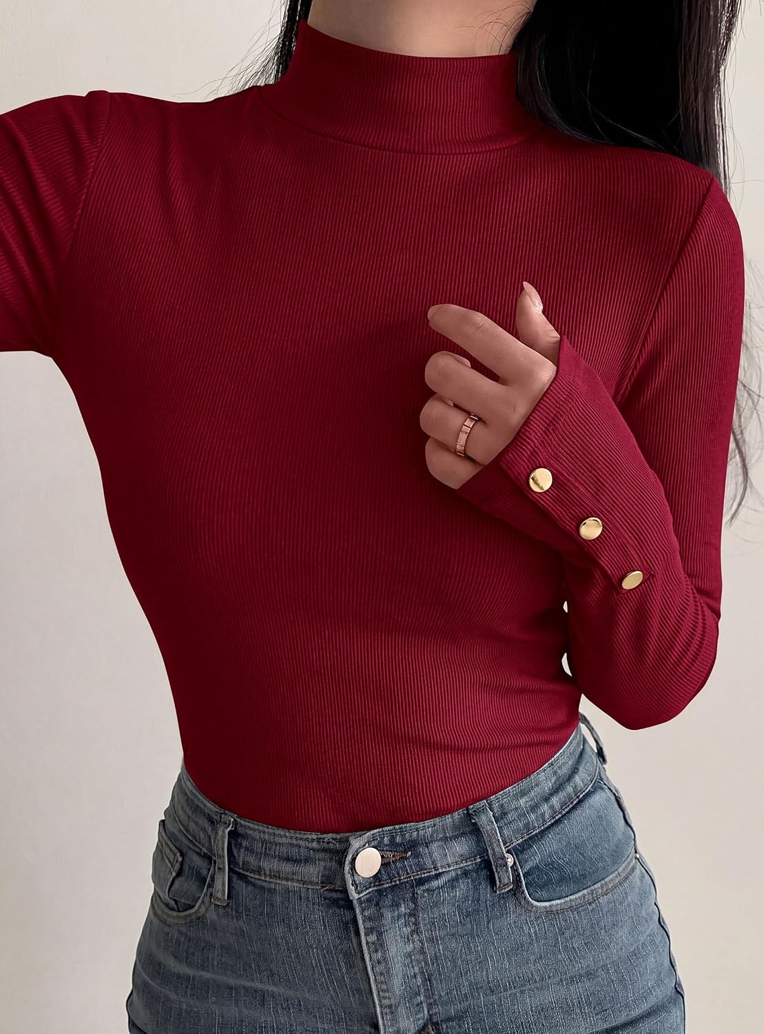 image:imagePRETTYGARDEN Womens Ribbed Mock Neck Long Sleeve Tops Slim Fitted TShirts Soft Stretch Decorative Buttons Going Out Work Casual Wear Fall Outfits Layering Winter ClothesBurgundy