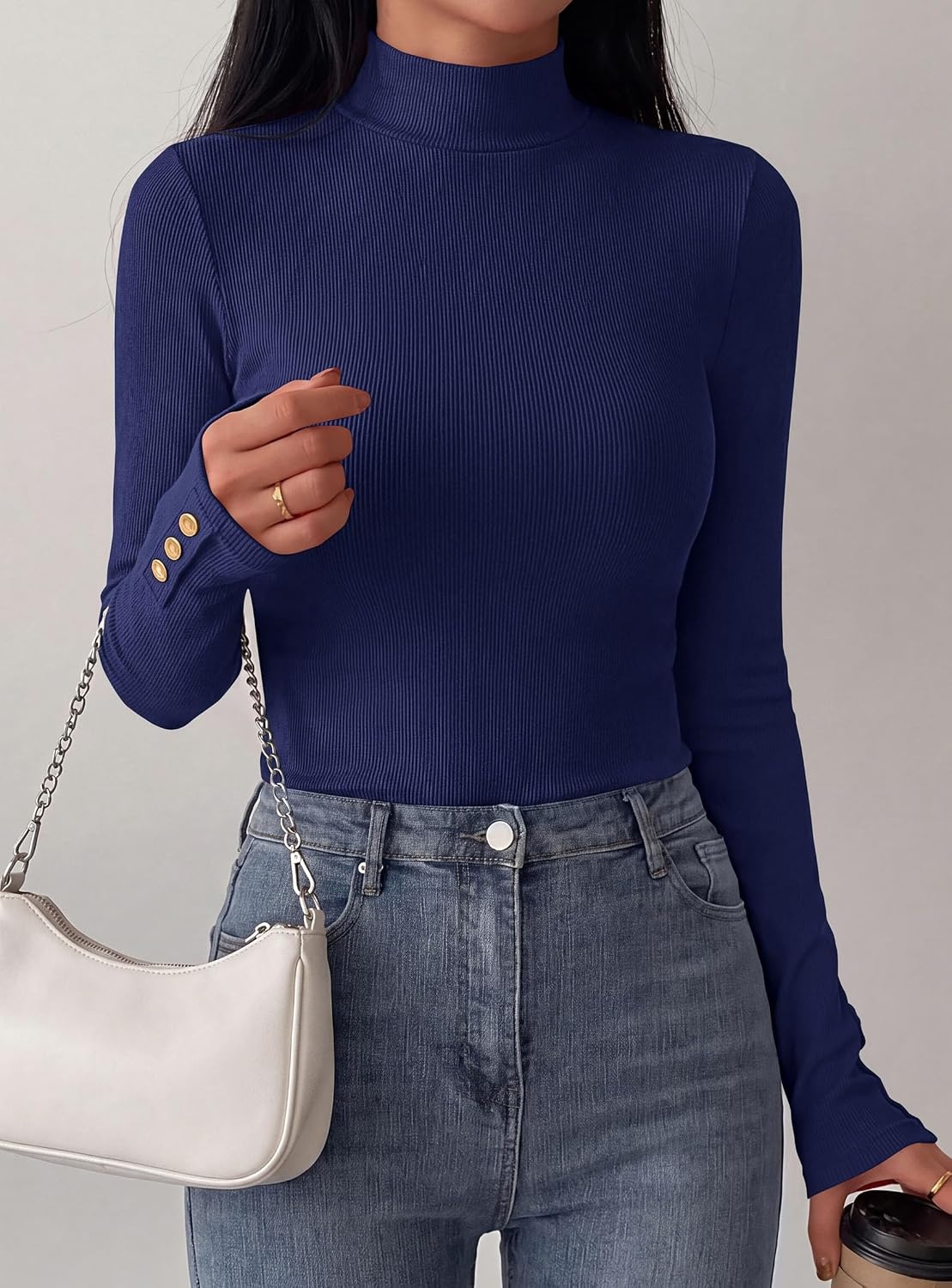 image:imagePRETTYGARDEN Womens Ribbed Mock Neck Long Sleeve Tops Slim Fitted TShirts Soft Stretch Decorative Buttons Going Out Work Casual Wear Fall Outfits Layering Winter ClothesNavy Blue