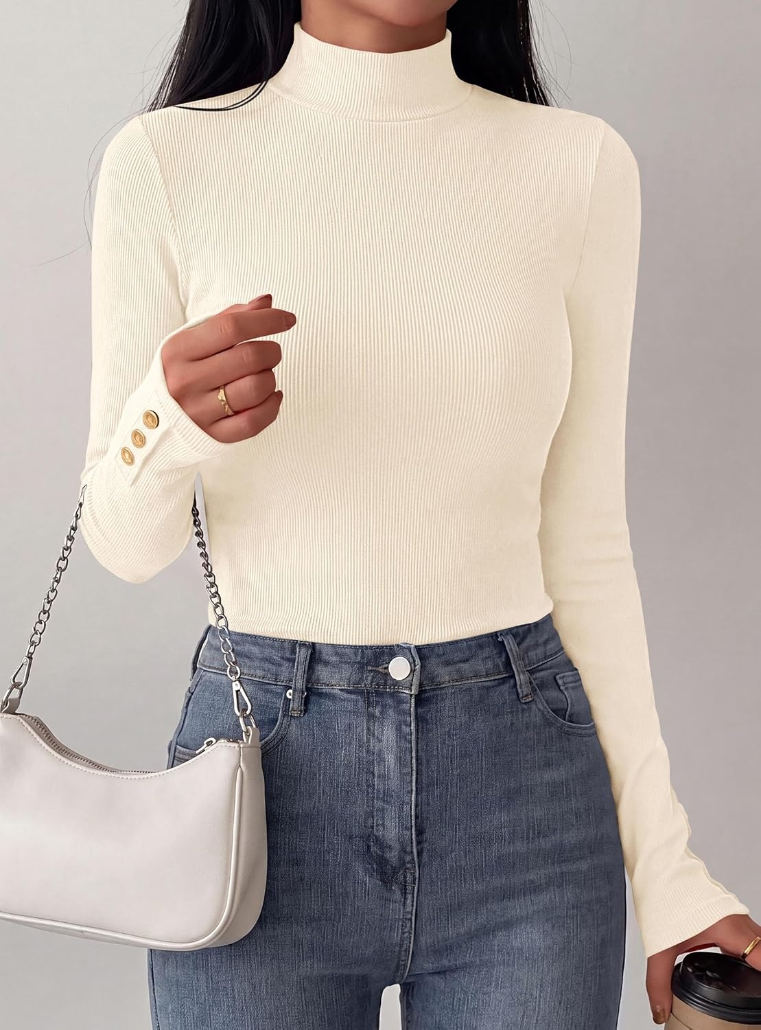 image:imagePRETTYGARDEN Womens Ribbed Mock Neck Long Sleeve Tops Slim Fitted TShirts Soft Stretch Decorative Buttons Going Out Work Casual Wear Fall Outfits Layering Winter ClothesBeige