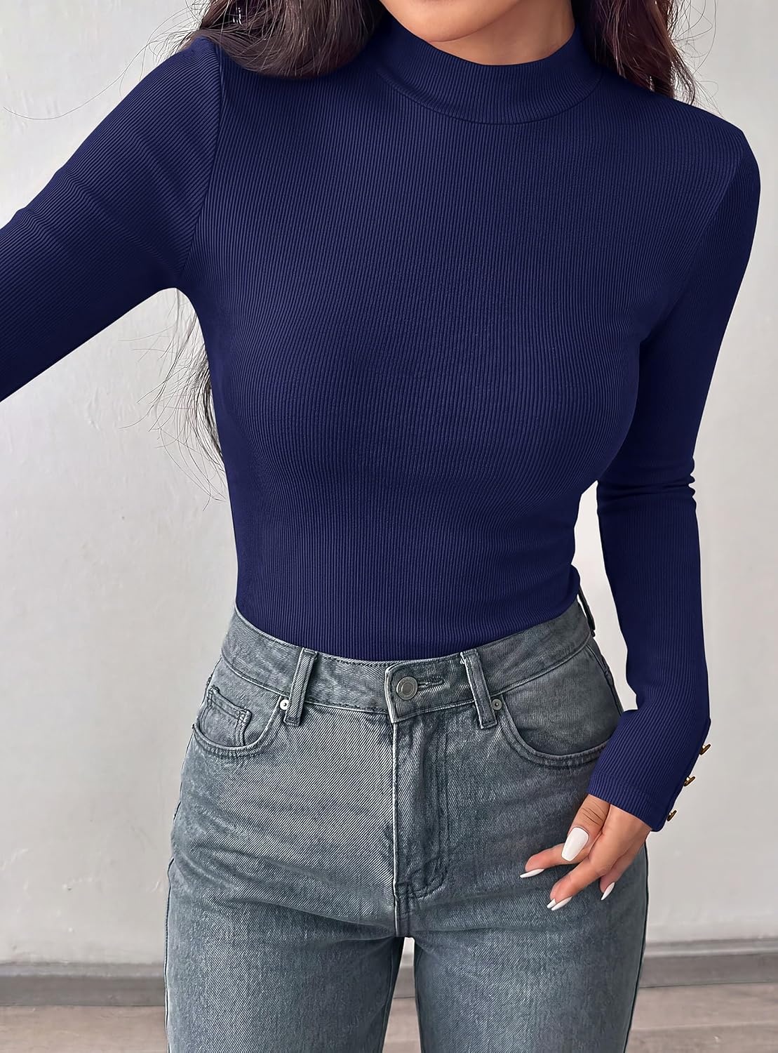 image:imagePRETTYGARDEN Womens Ribbed Mock Neck Long Sleeve Tops Slim Fitted TShirts Soft Stretch Decorative Buttons Going Out Work Casual Wear Fall Outfits Layering Winter ClothesNavy Blue
