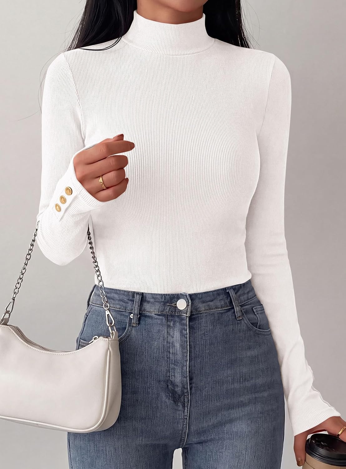 image:imagePRETTYGARDEN Womens Ribbed Mock Neck Long Sleeve Tops Slim Fitted TShirts Soft Stretch Decorative Buttons Going Out Work Casual Wear Fall Outfits Layering Winter ClothesWhite