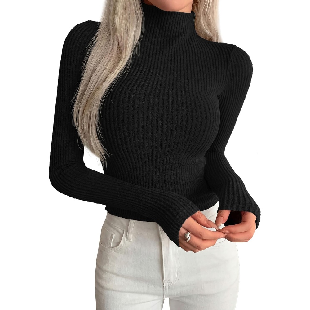 image:imagePRETTYGARDEN Long Sleeve Shirts for Women Fall Fashion 2026 Mock Neck Fitted Ribbed Sweater Tops Casual Basic Winter ClothingBlack