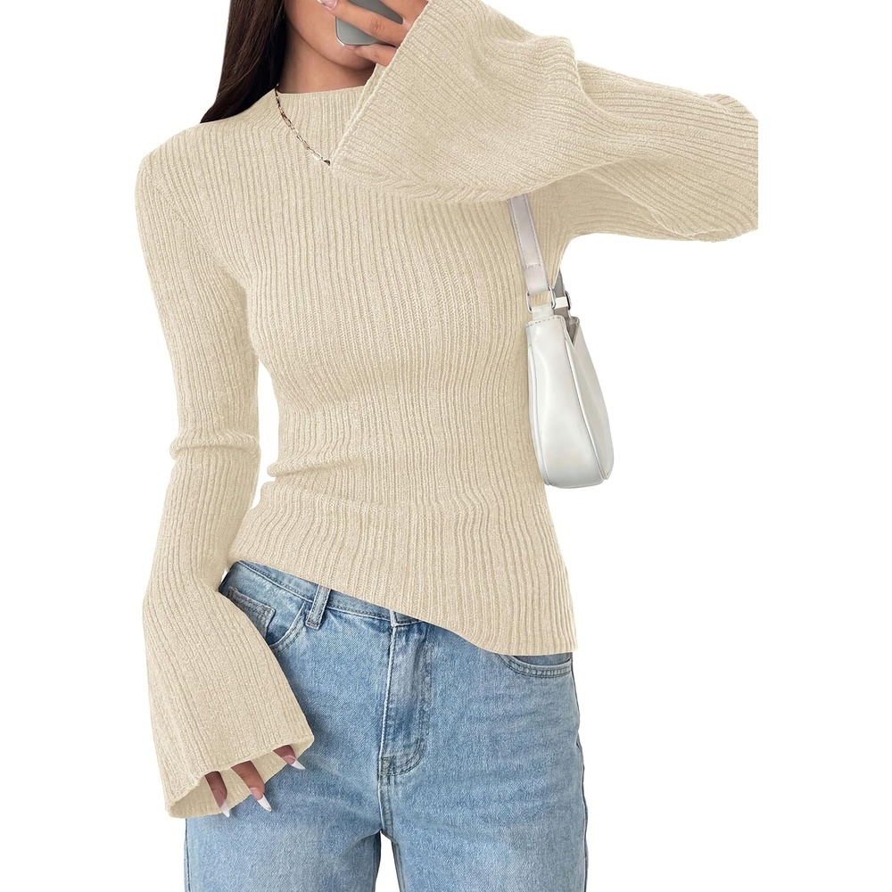 image:imagePRETTYGARDEN Sweaters for Women Lightweight Mock Neck Bell Long Sleeve Fitted Tops Ribbed Pullover 2026 Fall Fashion ClothingBeige