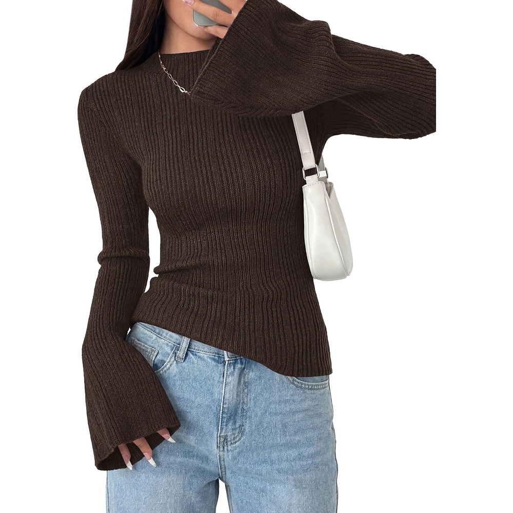 image:imagePRETTYGARDEN Sweaters for Women Lightweight Mock Neck Bell Long Sleeve Fitted Tops Ribbed Pullover 2026 Fall Fashion ClothingBrown