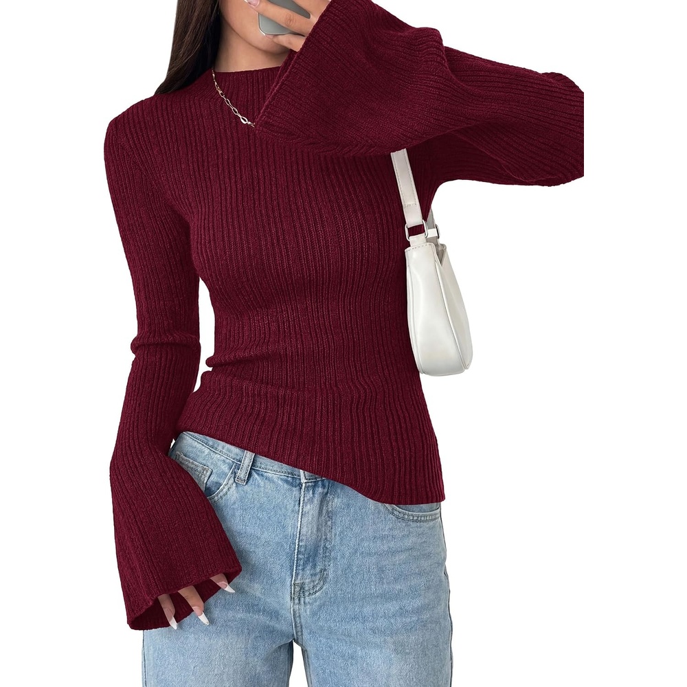 image:imagePRETTYGARDEN Sweaters for Women Lightweight Mock Neck Bell Long Sleeve Fitted Tops Ribbed Pullover 2026 Fall Fashion ClothingBurgundy