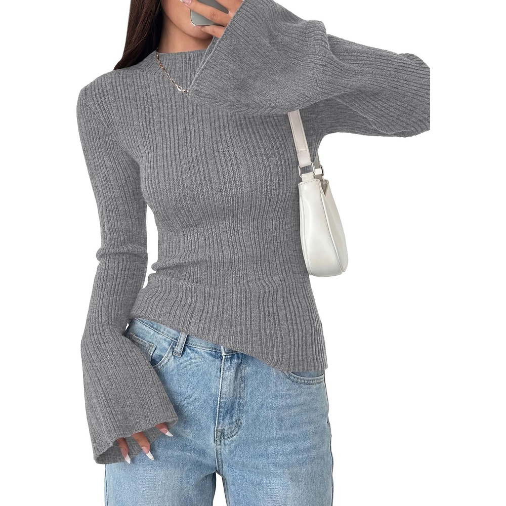 image:imagePRETTYGARDEN Sweaters for Women Lightweight Mock Neck Bell Long Sleeve Fitted Tops Ribbed Pullover 2026 Fall Fashion ClothingGrey