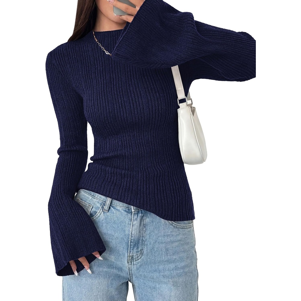image:imagePRETTYGARDEN Sweaters for Women Lightweight Mock Neck Bell Long Sleeve Fitted Tops Ribbed Pullover 2026 Fall Fashion ClothingNavy Blue