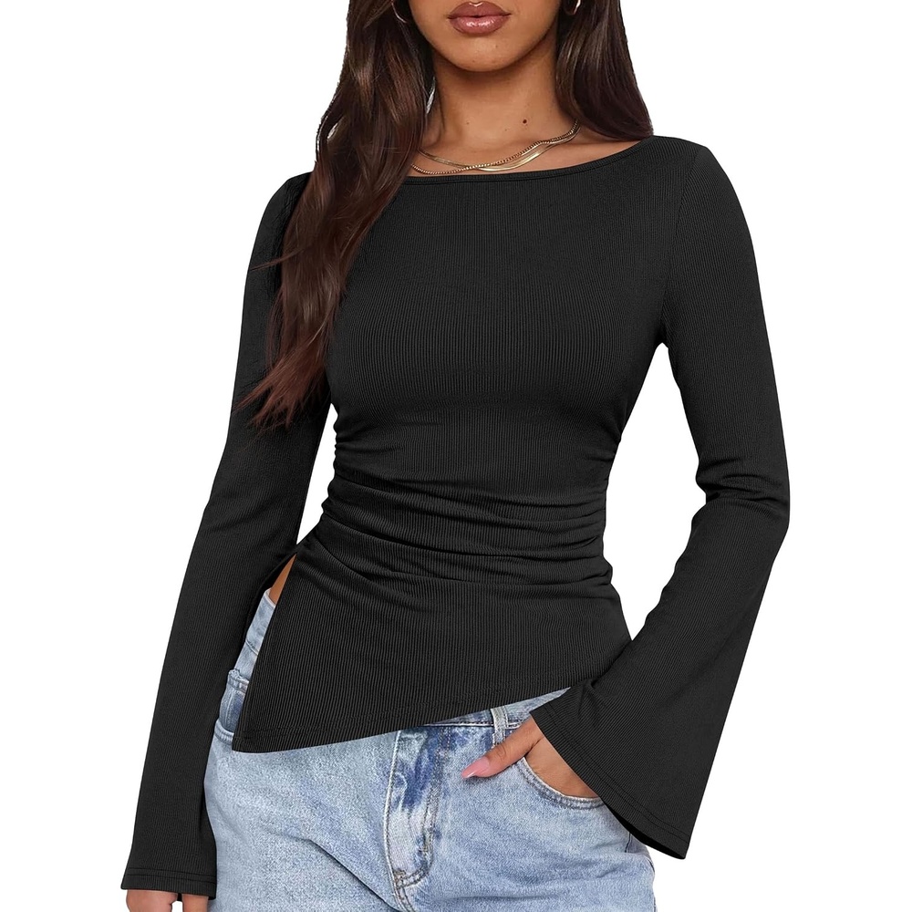 image:imagePRETTYGARDEN Womens Bell Long Sleeve Shirts 2026 Fall Boat Neck Ruched Asymmetrical Going Out Tops Ribbed Y2K ClothesBlack