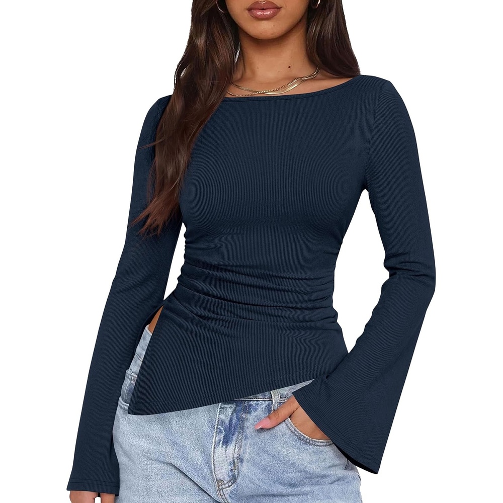 image:imagePRETTYGARDEN Womens Bell Long Sleeve Shirts 2026 Fall Boat Neck Ruched Asymmetrical Going Out Tops Ribbed Y2K ClothesNavy