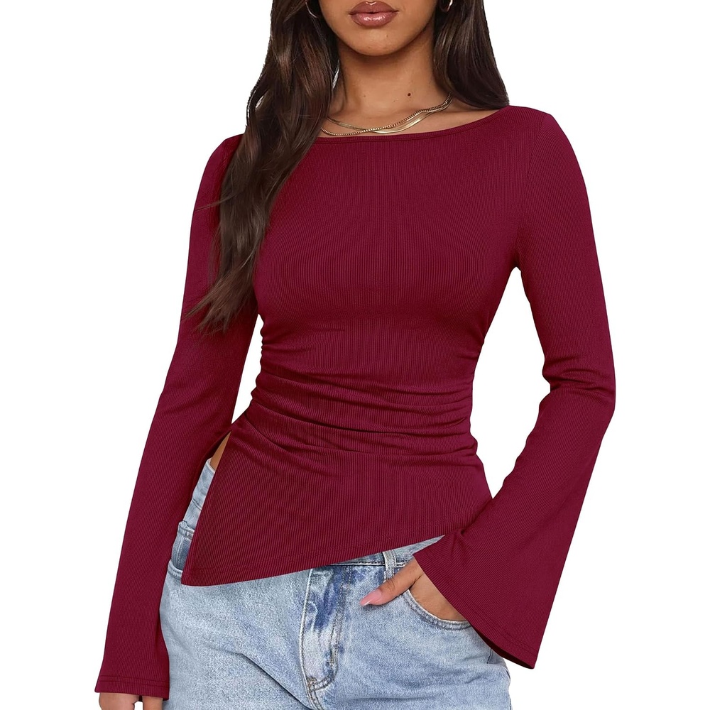 image:imagePRETTYGARDEN Womens Bell Long Sleeve Shirts 2026 Fall Boat Neck Ruched Asymmetrical Going Out Tops Ribbed Y2K ClothesWine Red