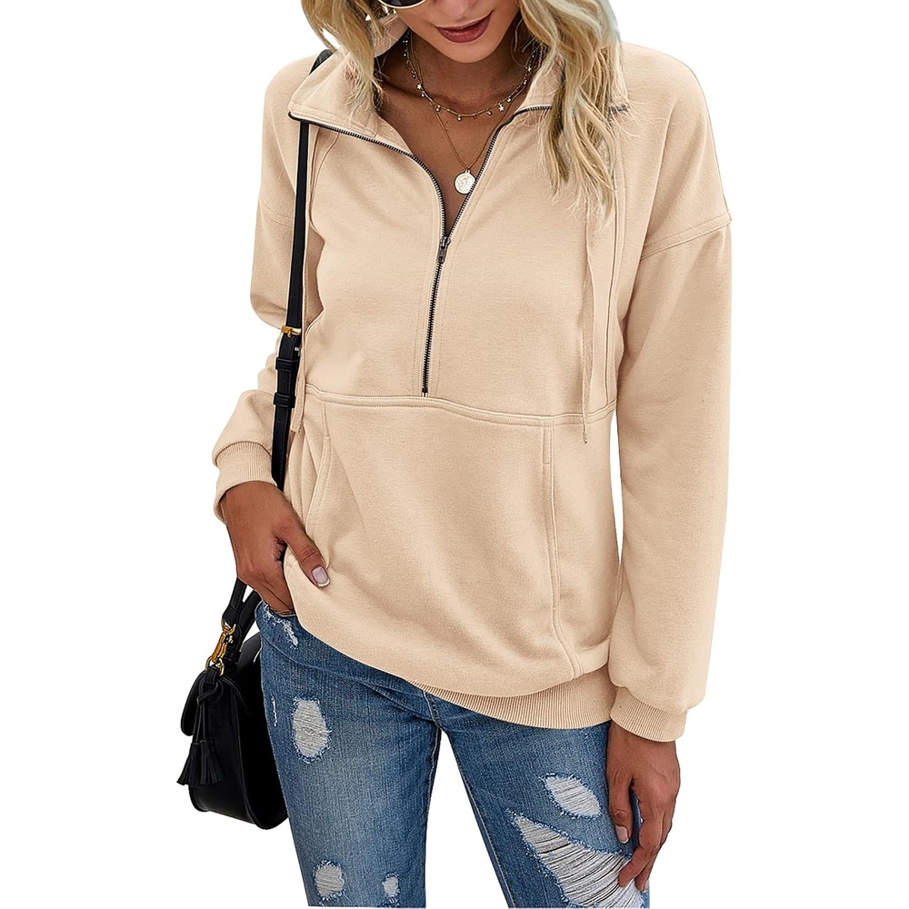 image:imagePRETTYGARDEN Womens Casual Long Sleeve Lapel Zipper Sweatshirt Drawstring Loose Pullover TopsApricot
