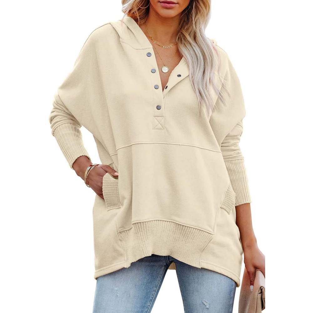 image:imagePRETTYGARDEN Womens Casual Long Sleeve Lapel Zipper Sweatshirt Drawstring Loose Pullover TopsButton Apricot