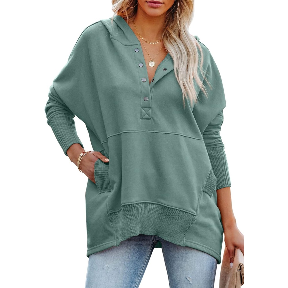 image:imagePRETTYGARDEN Womens Casual Long Sleeve Lapel Zipper Sweatshirt Drawstring Loose Pullover TopsButton Bean Green