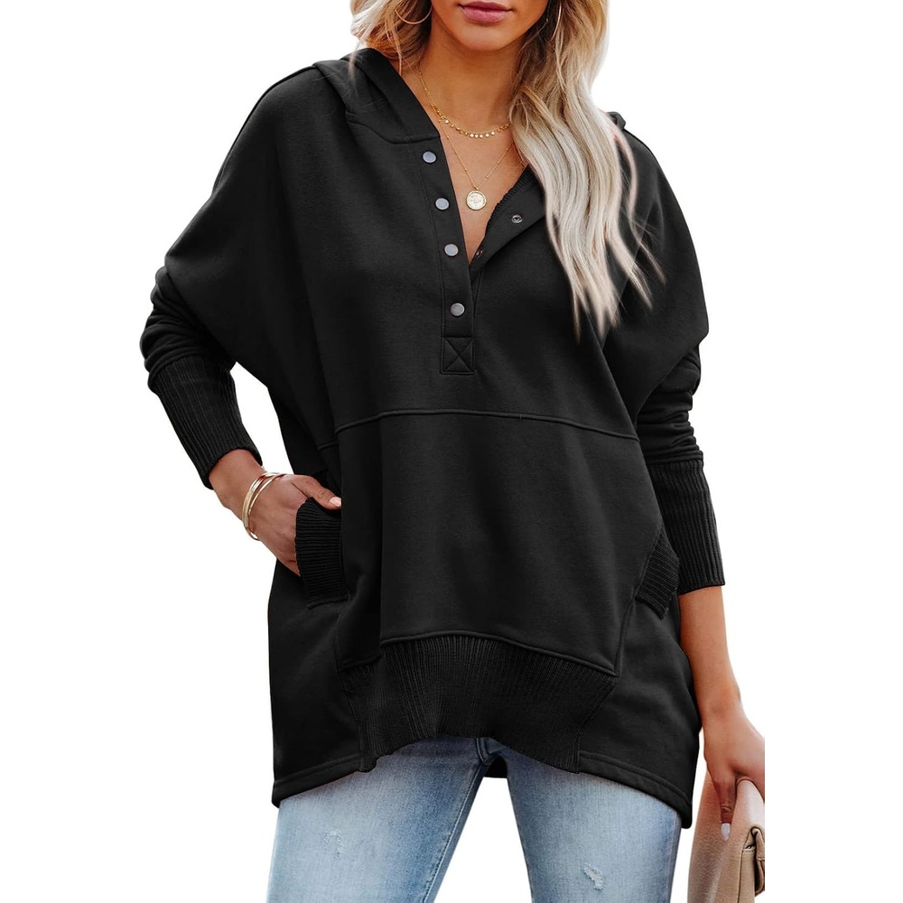 image:imagePRETTYGARDEN Womens Casual Long Sleeve Lapel Zipper Sweatshirt Drawstring Loose Pullover TopsButton Black