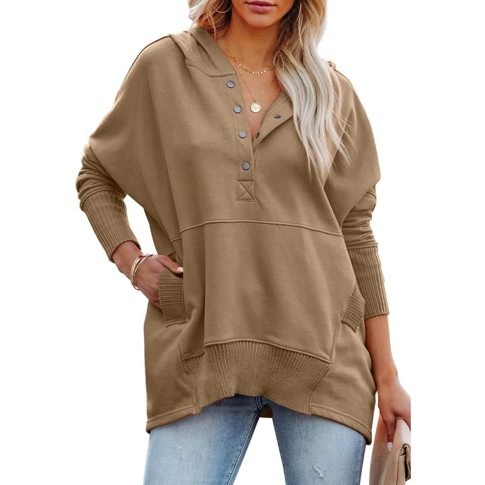 image:imagePRETTYGARDEN Womens Casual Long Sleeve Lapel Zipper Sweatshirt Drawstring Loose Pullover TopsButton Coffee