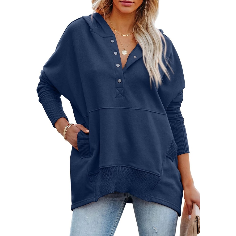 image:imagePRETTYGARDEN Womens Casual Long Sleeve Lapel Zipper Sweatshirt Drawstring Loose Pullover TopsButton Dark Blue