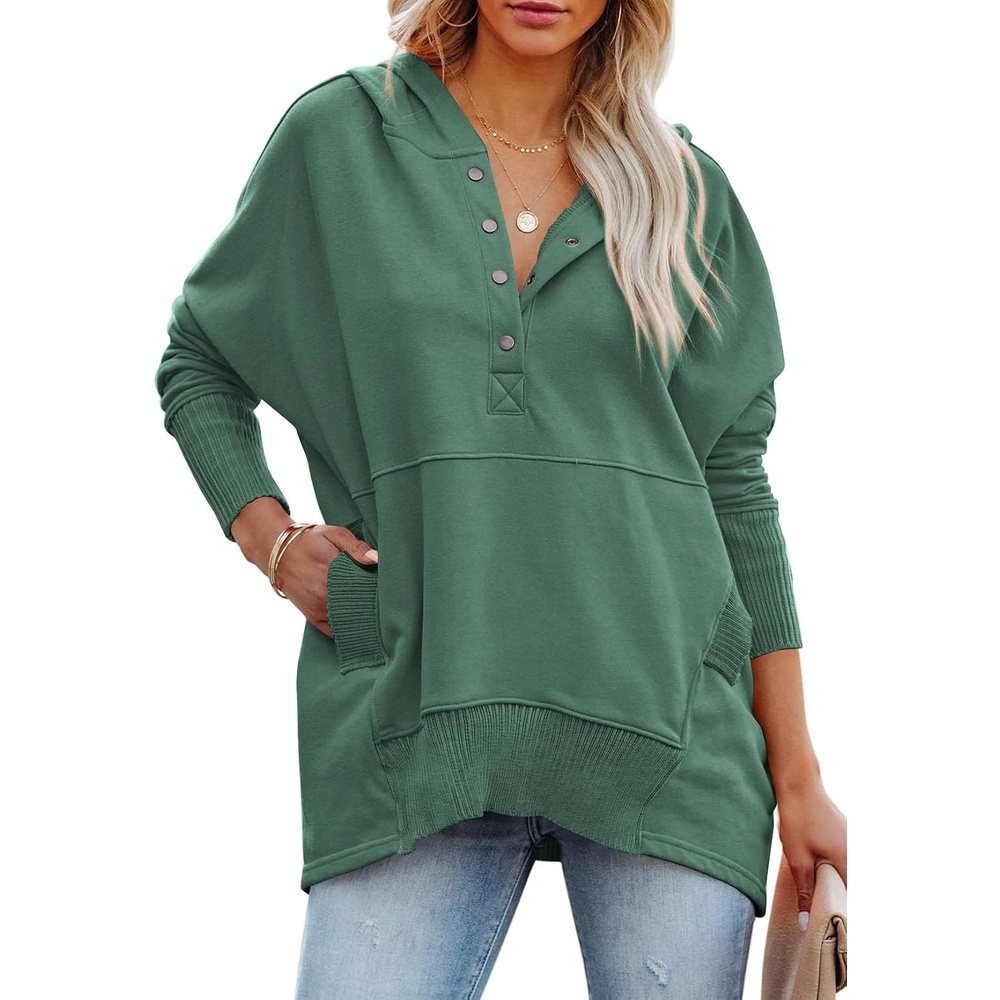 image:imagePRETTYGARDEN Womens Casual Long Sleeve Lapel Zipper Sweatshirt Drawstring Loose Pullover TopsButton Green