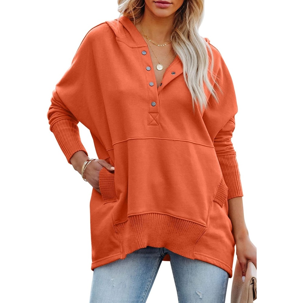 image:imagePRETTYGARDEN Womens Casual Long Sleeve Lapel Zipper Sweatshirt Drawstring Loose Pullover TopsButton Orange