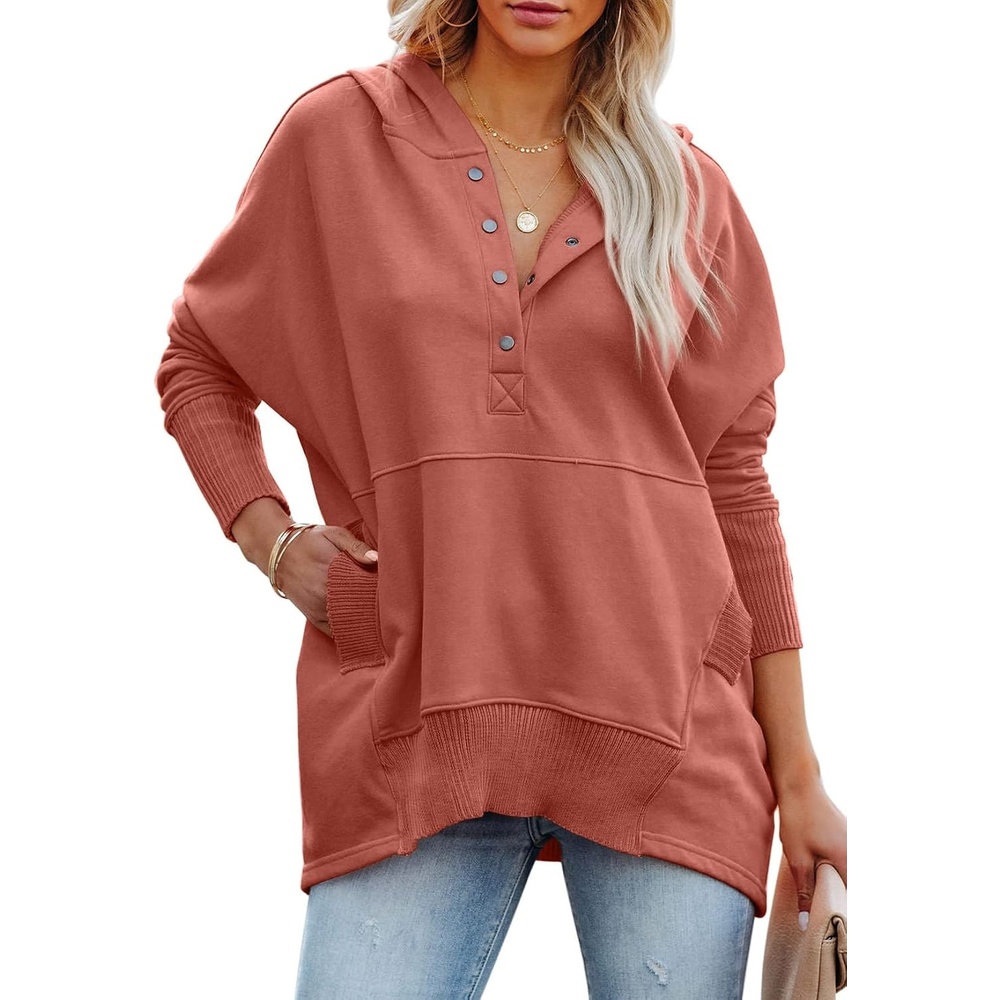 image:imagePRETTYGARDEN Womens Casual Long Sleeve Lapel Zipper Sweatshirt Drawstring Loose Pullover TopsButton Orange Pink