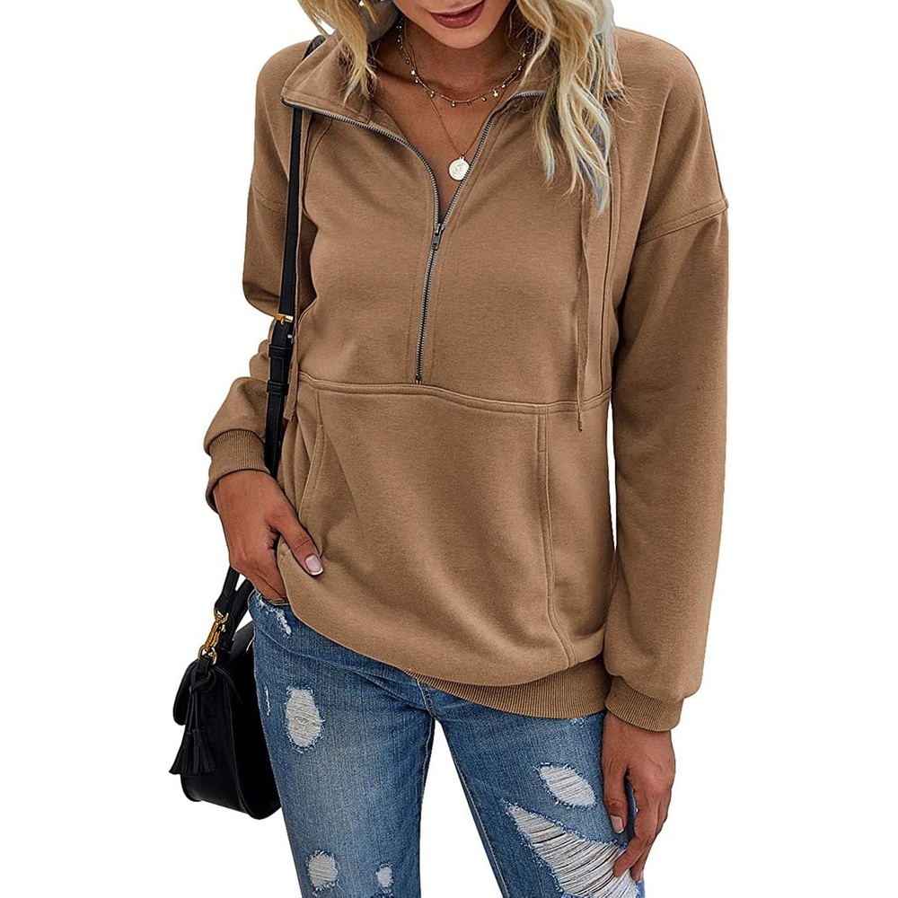 image:imagePRETTYGARDEN Womens Casual Long Sleeve Lapel Zipper Sweatshirt Drawstring Loose Pullover TopsCoffee