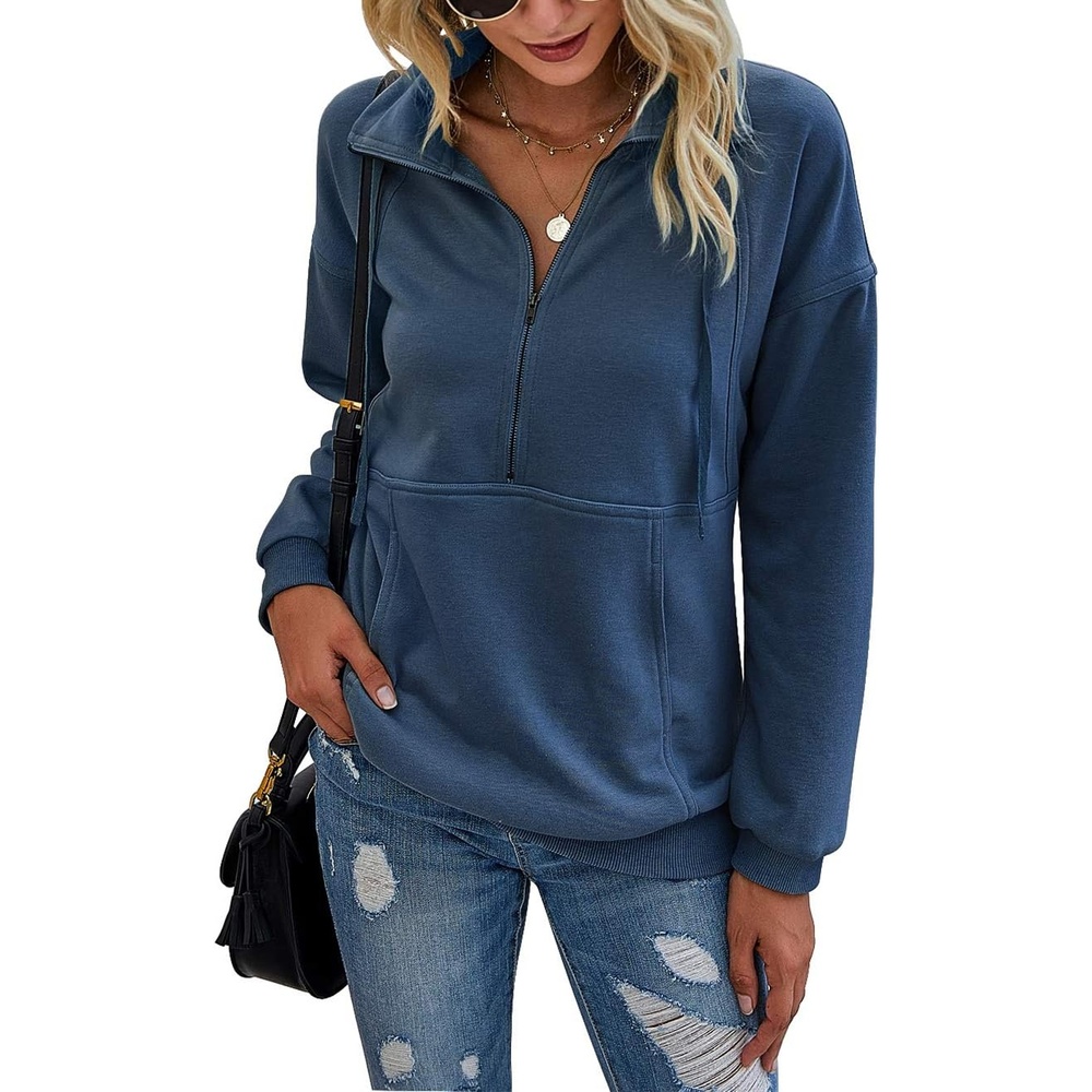 image:imagePRETTYGARDEN Womens Casual Long Sleeve Lapel Zipper Sweatshirt Drawstring Loose Pullover TopsDark Blue