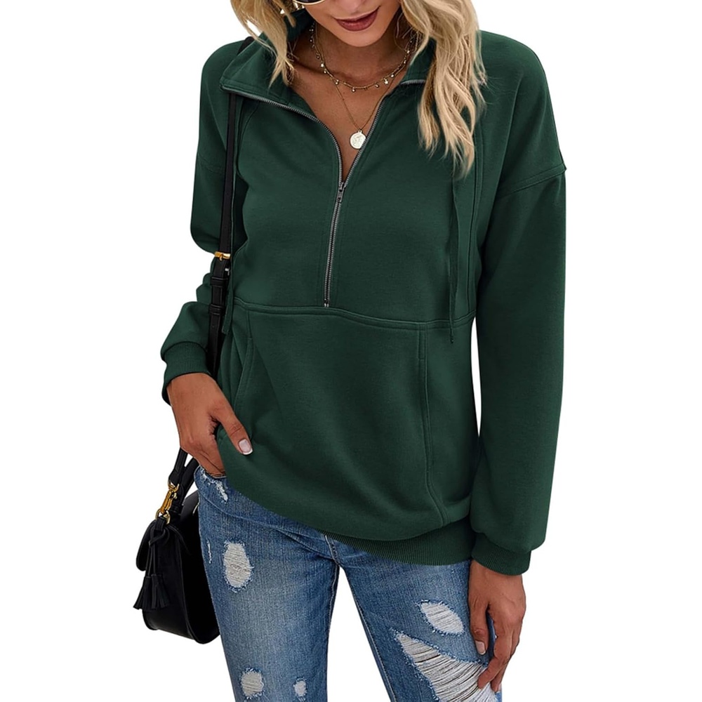 image:imagePRETTYGARDEN Womens Casual Long Sleeve Lapel Zipper Sweatshirt Drawstring Loose Pullover TopsDark Green