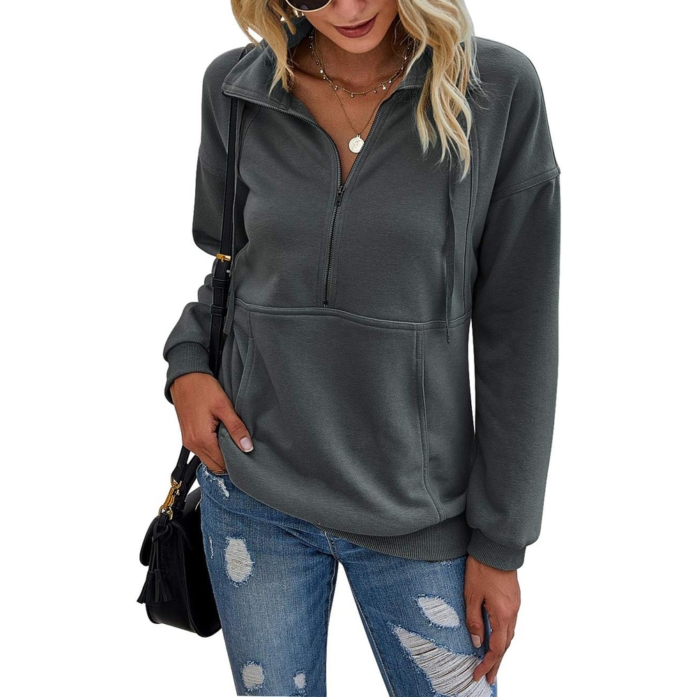 image:imagePRETTYGARDEN Womens Casual Long Sleeve Lapel Zipper Sweatshirt Drawstring Loose Pullover TopsDark Grey
