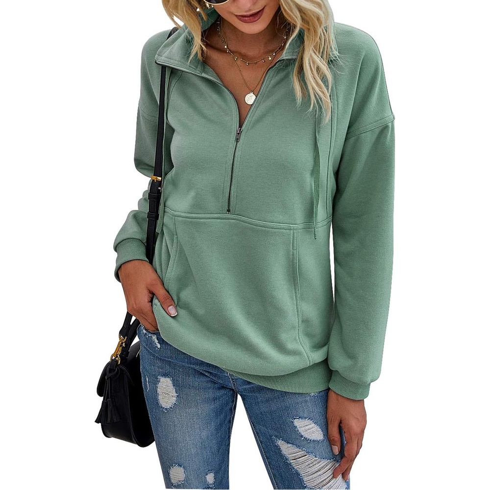image:imagePRETTYGARDEN Womens Casual Long Sleeve Lapel Zipper Sweatshirt Drawstring Loose Pullover TopsGreen