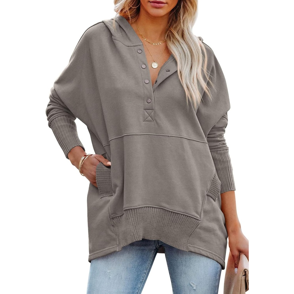 image:imagePRETTYGARDEN Womens Casual Long Sleeve Lapel Zipper Sweatshirt Drawstring Loose Pullover TopsGrey