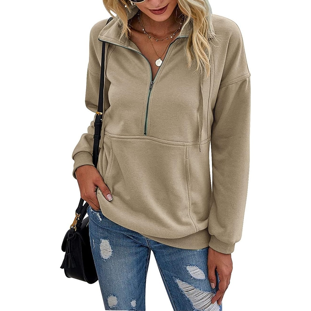 image:imagePRETTYGARDEN Womens Casual Long Sleeve Lapel Zipper Sweatshirt Drawstring Loose Pullover TopsKhaki