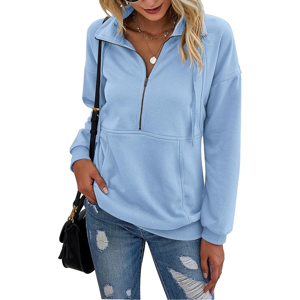 image:imagePRETTYGARDEN Womens Casual Long Sleeve Lapel Zipper Sweatshirt Drawstring Loose Pullover TopsLight Blue