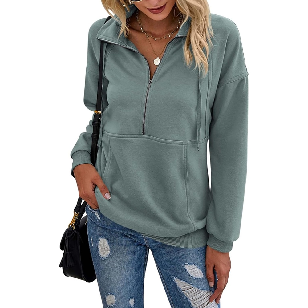 image:imagePRETTYGARDEN Womens Casual Long Sleeve Lapel Zipper Sweatshirt Drawstring Loose Pullover TopsLight Green