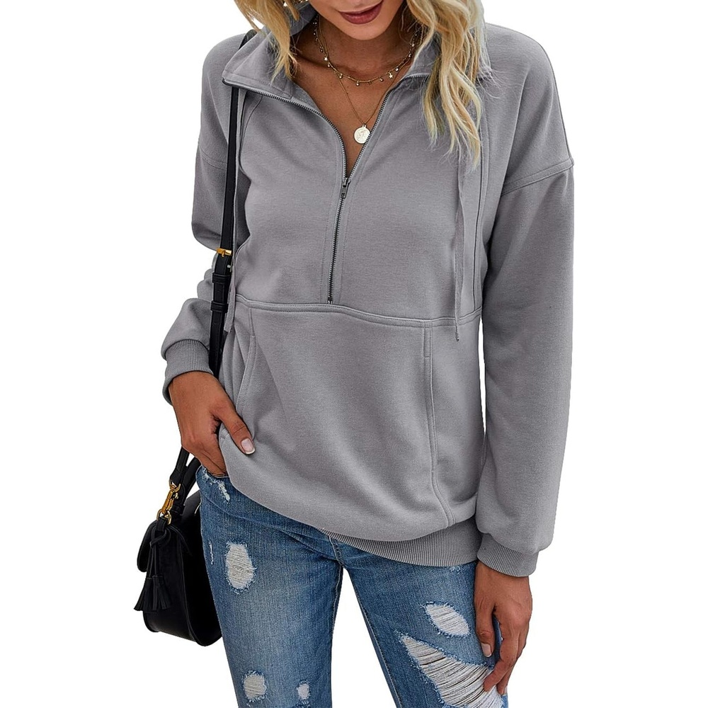 image:imagePRETTYGARDEN Womens Casual Long Sleeve Lapel Zipper Sweatshirt Drawstring Loose Pullover TopsLight Grey