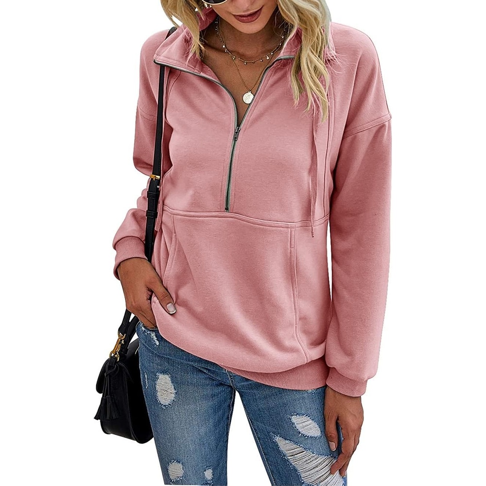 image:imagePRETTYGARDEN Womens Casual Long Sleeve Lapel Zipper Sweatshirt Drawstring Loose Pullover TopsLight Pink