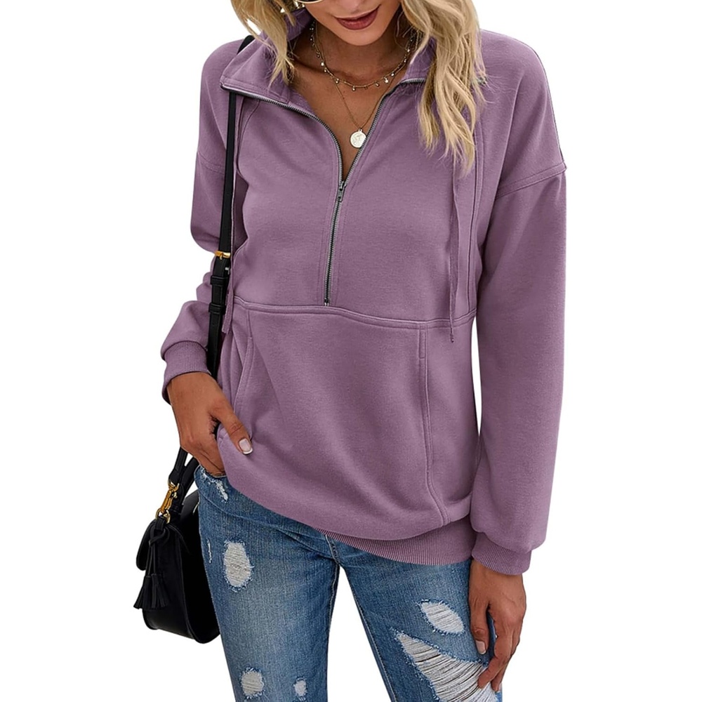 image:imagePRETTYGARDEN Womens Casual Long Sleeve Lapel Zipper Sweatshirt Drawstring Loose Pullover TopsLight Purple