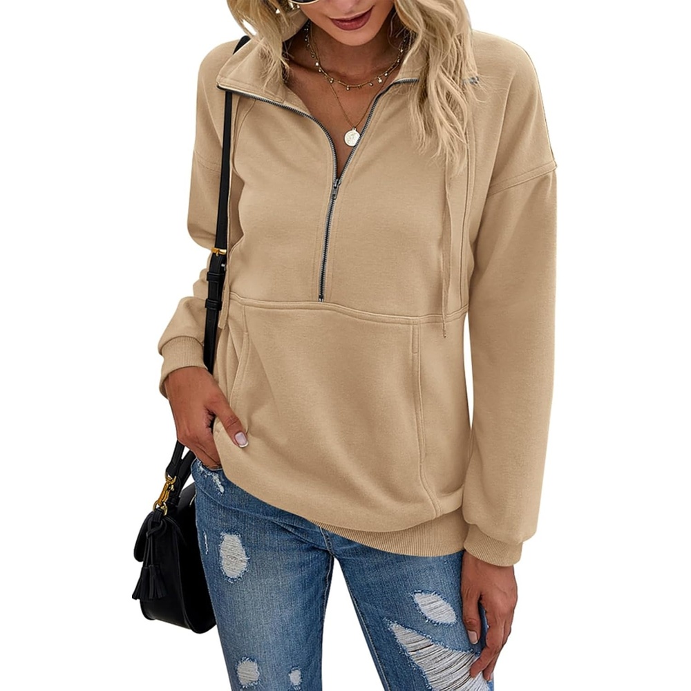 image:imagePRETTYGARDEN Womens Casual Long Sleeve Lapel Zipper Sweatshirt Drawstring Loose Pullover TopsLight Yellow
